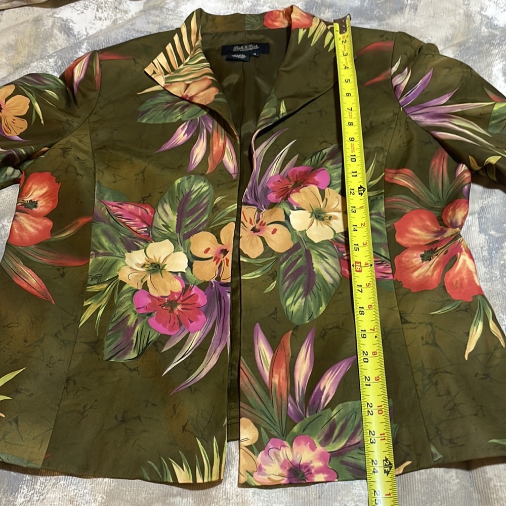 Peck & Peck Collection Women’s SZ 14 Floral Olive Open Front Silk Blend Blazer - Picture 9 of 13